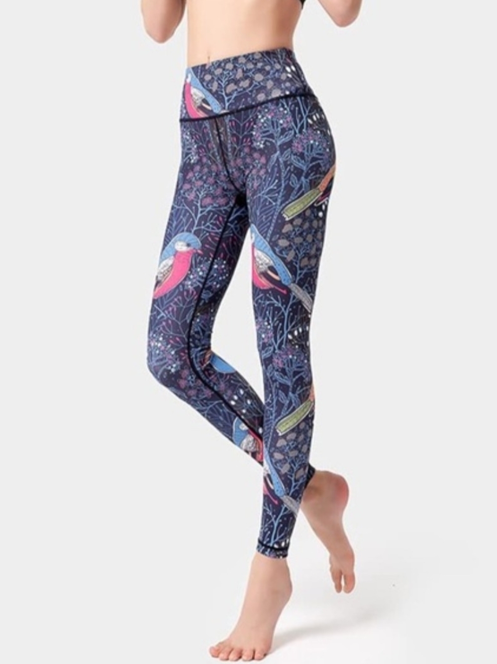 High-Rise Printed Yoga Leggings in Navy Bird Print